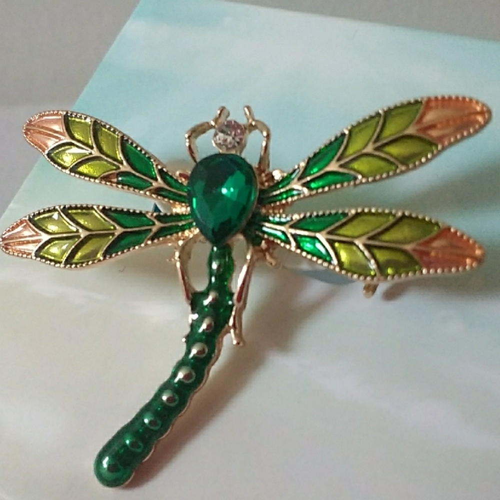 Green Crystal Enamel Dragonfly Brooch